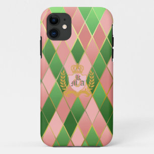 Posh Chic Pink and Green Argyle Monogrammed  Case-Mate iPhone Case