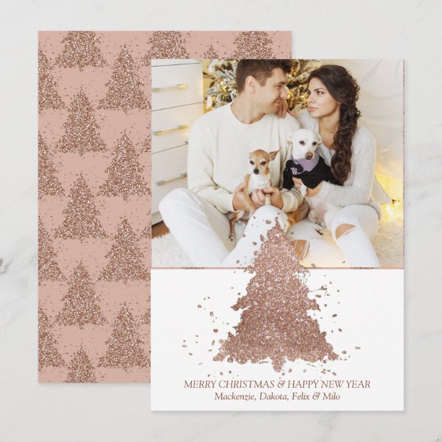Posh Christmas Tree | Glam Rose Gold Photo Holiday Card (Front/Back)
