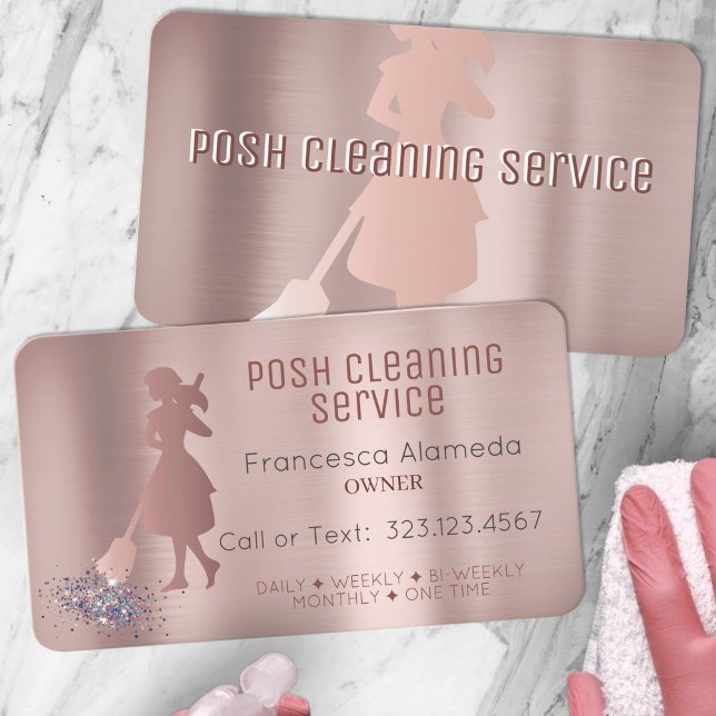 Posh Cleaning Service Brushed Metallic Rose Gold Business Card (Creator Uploaded)