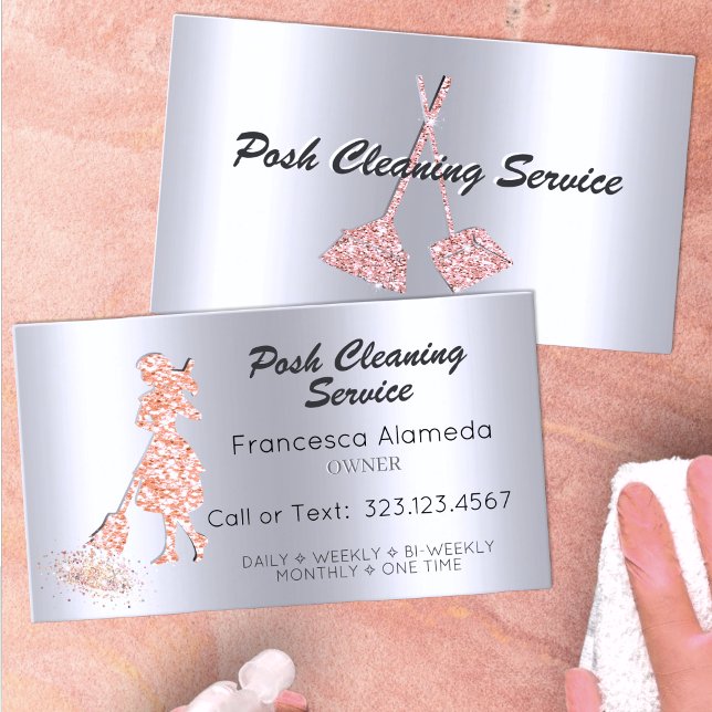 Posh Cleaning Service Metallic Silver Pink Glitter Business Card (Creator Uploaded)