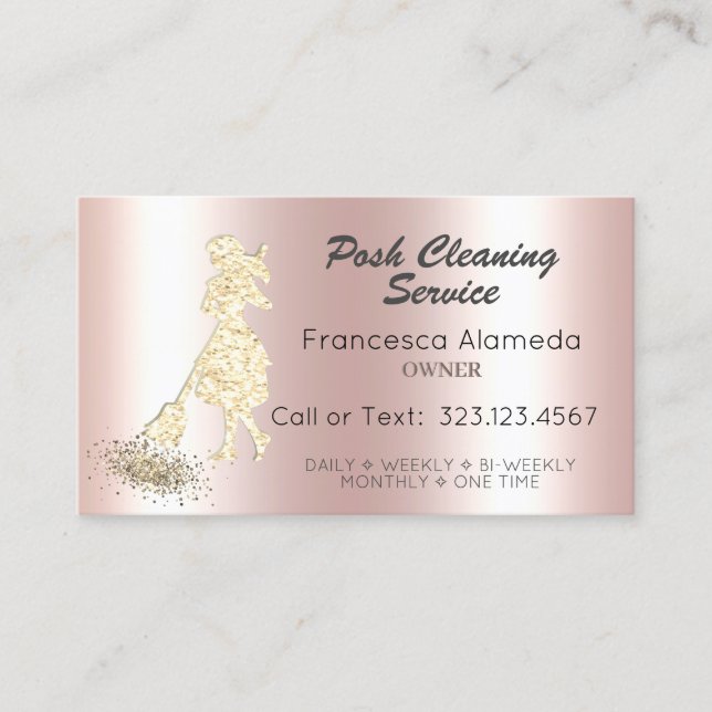 Posh Cleaning Service Pink Metallic & Gold Glitter Business Card (Front)