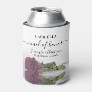 Posh Dusty Mauve Pink Rose Maid of Honor Wedding Can Cooler