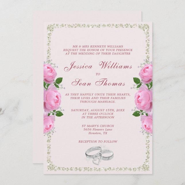 Posh Framed Diamond Rings & Pink Roses Wedding Invitation (Front/Back)