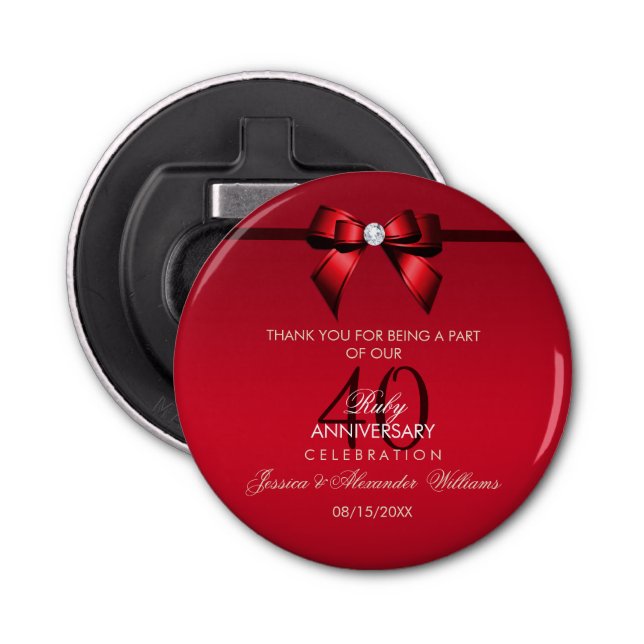 Posh Gem Bow & Ribbon 40th Wedding Anniversary Bottle Opener (Front)