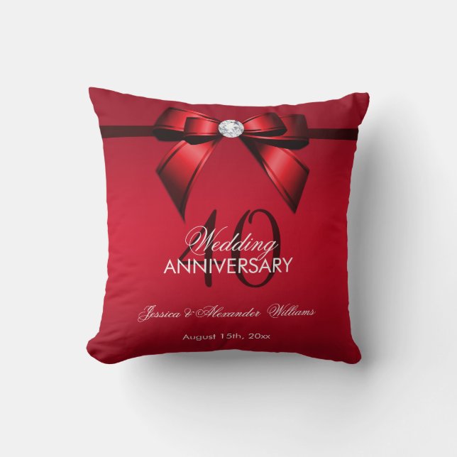 Posh Gem Bow & Ribbon 40th Wedding Anniversary Cushion (Front)