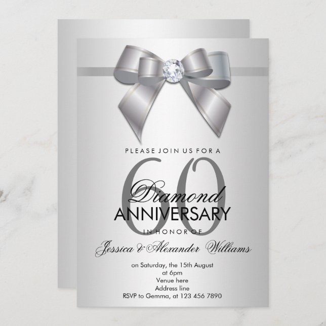 Posh Gem Bow & Ribbon 60th Wedding Anniversary Invitation (Front/Back)