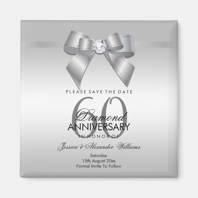 Posh Gem Bow & Ribbon 60th Wedding Anniversary Magnet (Front)