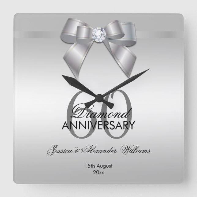 Posh Gem Bow & Ribbon 60th Wedding Anniversary Square Wall Clock (Front)