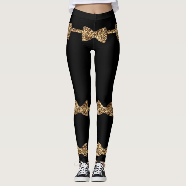 Posh Girls - Black & Gold Bow Tie Leggings (Front)