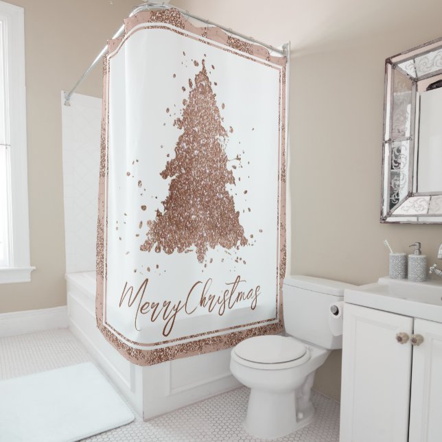 Posh Merry Christmas | Glam Rose Gold Blush Tree Shower Curtain (In Situ)