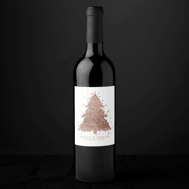 Posh Merry Christmas | Glam Rose Gold Tree Custom Wine Label (Creator Uploaded)
