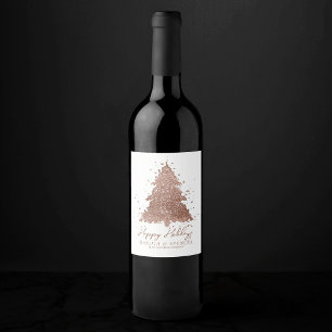 Posh Merry Christmas   Glam Rose Gold Tree Custom Wine Label