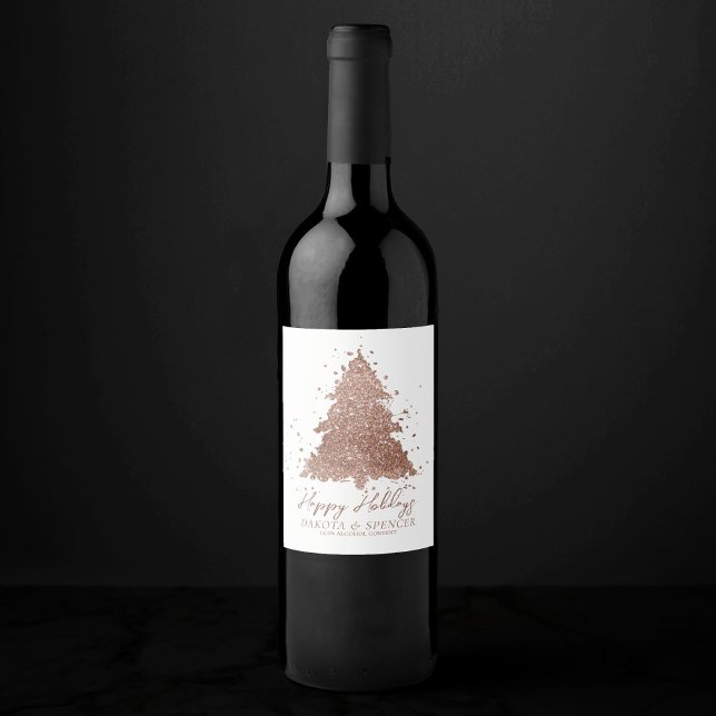 Posh Merry Christmas | Glam Rose Gold Tree Custom Wine Label (Creator Uploaded)