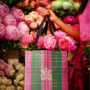 Posh Monogrammed Pink and Green Plaid Tote Bag