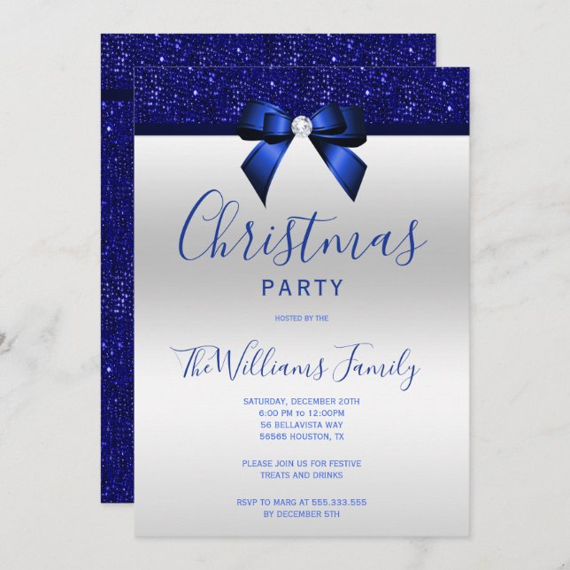 Posh Navy Blue Jewel Bow Christmas Party Invitation (Front/Back)