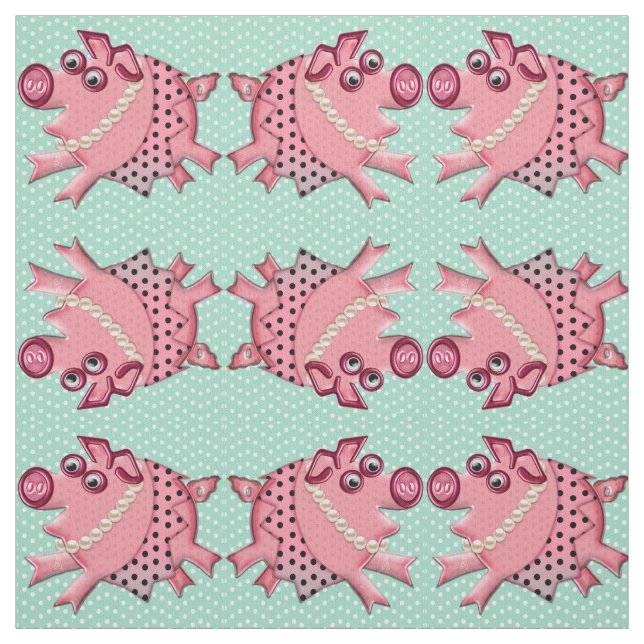 Posh Piggy in Pink on Lucite Green Fabric (Swatch)