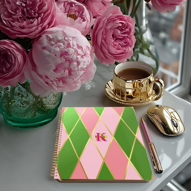 Posh Pink and Green Argyle Monogrammed Planner (Stylish Posh Plaid Pink and Green Monogrammed Argyle Planner/Glossy Softcover of Matte Hardcover)