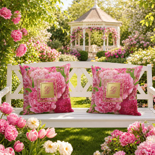 Posh Pink and Green Peony Tulip Monogrammed Cushion