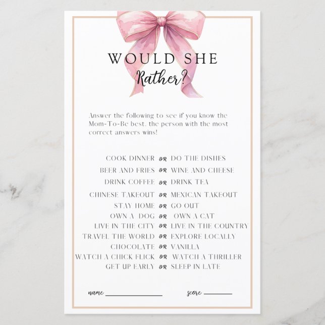 Posh Pink Coquette Bow Baby Shower Game (Front)