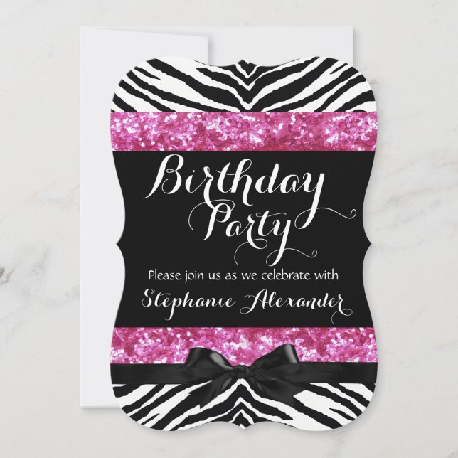 Posh Pink Sparkle Zebra Girl's Birthday Invitation (Front)
