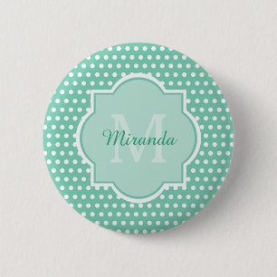 Posh Polka Dots Mint Green Monogram and Name 6 Cm Round Badge