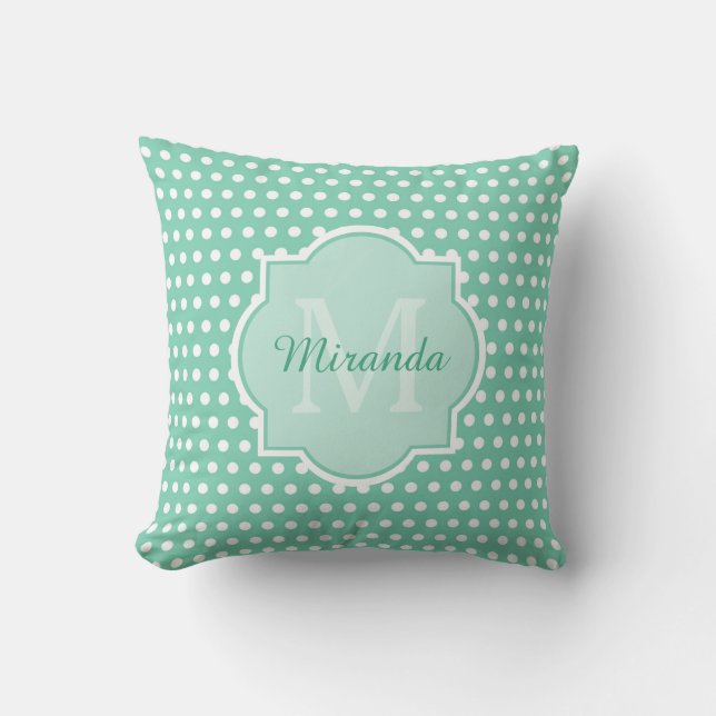 Posh Polka Dots Mint Green Monogram and Name Cushion (Front)