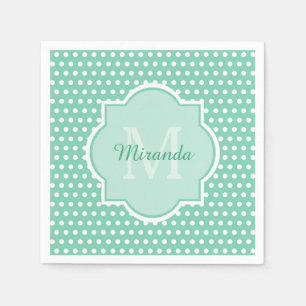 Posh Polka Dots Mint Green Monogram and Name Napkin