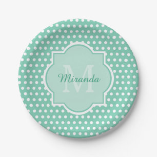 Posh Polka Dots Mint Green Monogram and Name Paper Plate