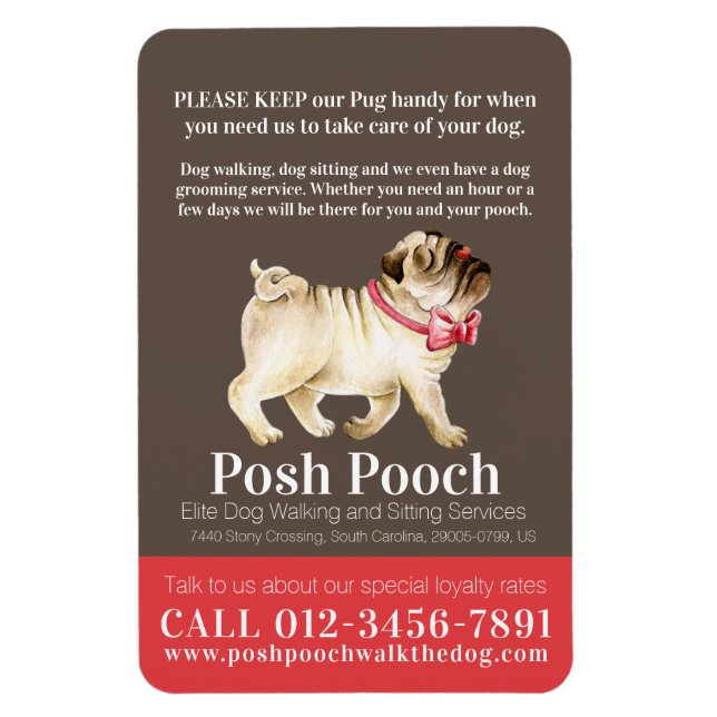 Posh pooch cute pug dog walking services business magnet (Vertical)