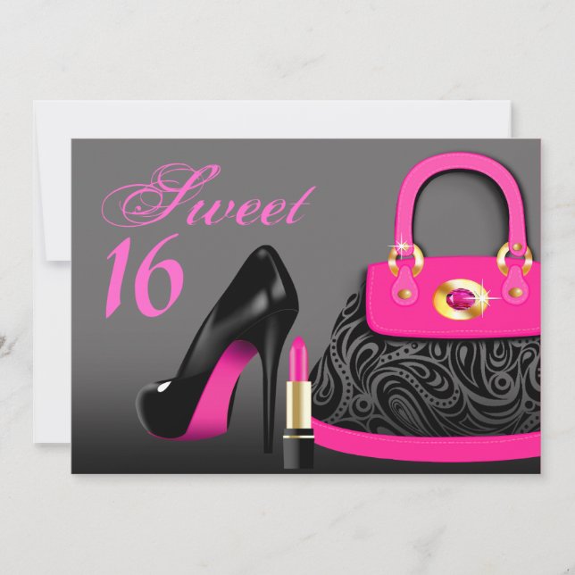 Posh Purse, High Heels and Lipstick Sweet Sixteen Invitation (Front)