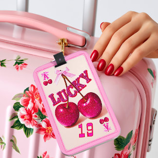 Posh Retro Pink Glitter Lucky Cherry Luggage Tag