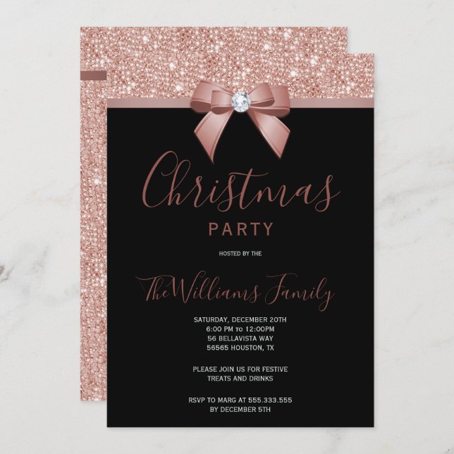 Posh Rose Gold Jewel Bow Christmas Party Invitation (Front/Back)