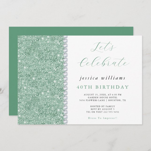 Posh Sequins & Diamonds Mint Green Birthday  Invitation (Front/Back)