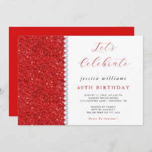 Posh Sequins & Diamonds Red Birthday  Invitation