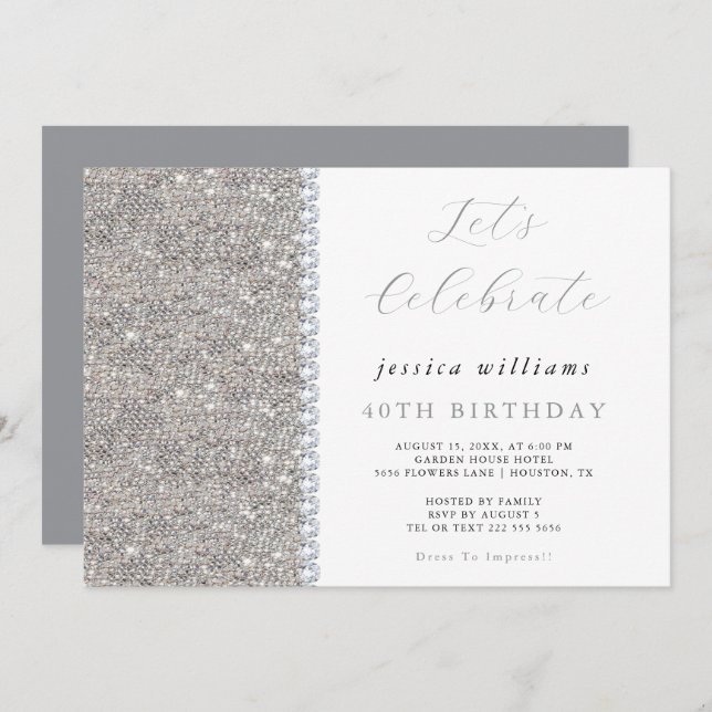 Posh Sequins & Diamonds Silver Birthday  Invitation (Front/Back)