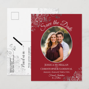 Posh Silver & Red Wedding Save the Date Oval Photo Announcement Postcard