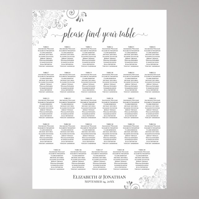 Posh Silver & White 29 Table Wedding Seating Chart (Front)