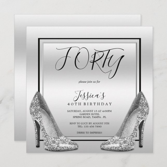 Posh Silvers & Silver Stilettos 40th Birthday Invitation (Front/Back)