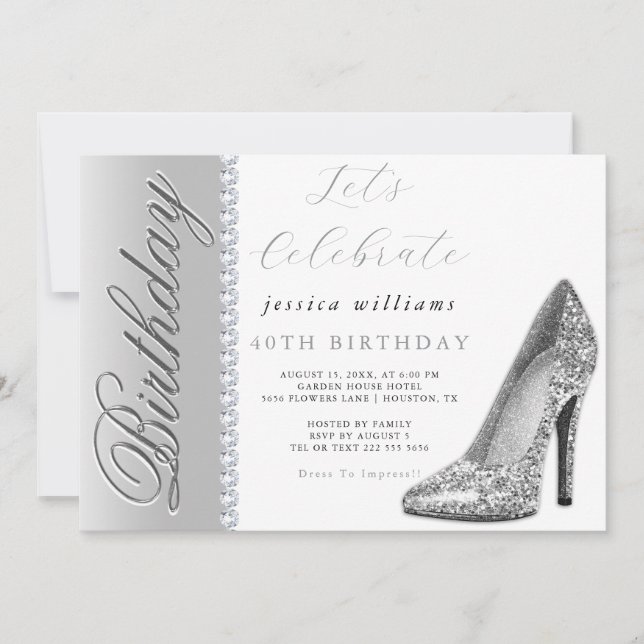 Posh Stiletto & Diamonds Silver Birthday  Invitation (Front)