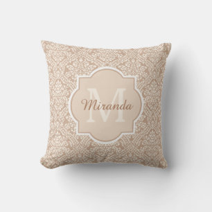 Posh Tan Damask Pattern Monogram With Name Cushion