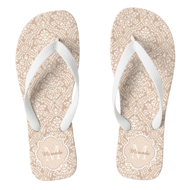 Posh Tan Damask Pattern Monogram With Name Jandals (Footbed)