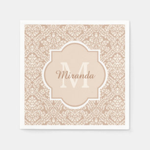 Posh Tan Damask Pattern Monogram With Name Napkin