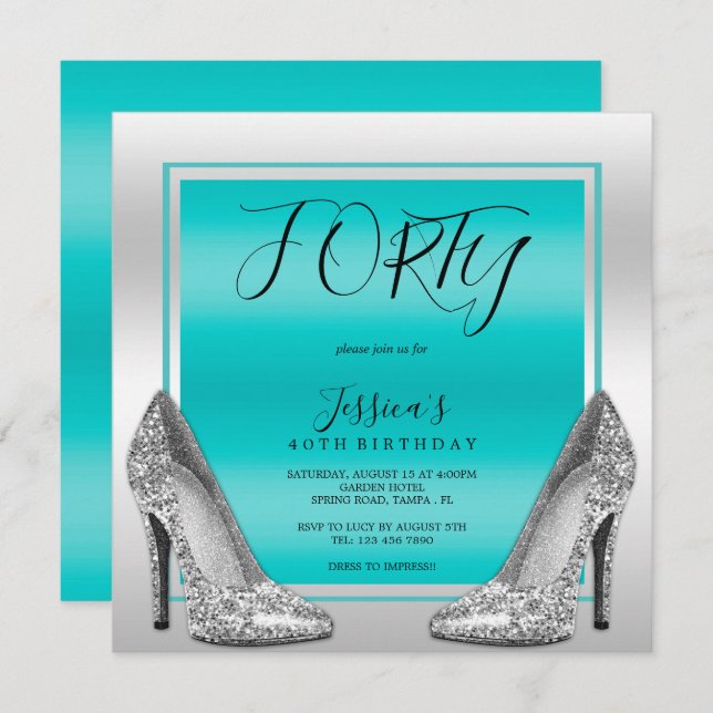 Posh Teal & Silver Stilettos 40th Birthday Invitation (Front/Back)