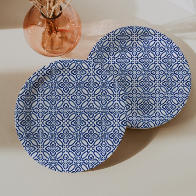 Positano Blue And White Tiles Baby Shower Brunch Paper Plate (Positano blue and white tile print for italian theme bridal shower  or baby shower)