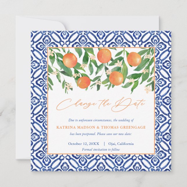 Positano Blue Tiles Sweet Oranges Change Of Plans Save The Date (Front)