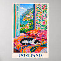 Positano Cat Poster, Amalfi Coast Window View