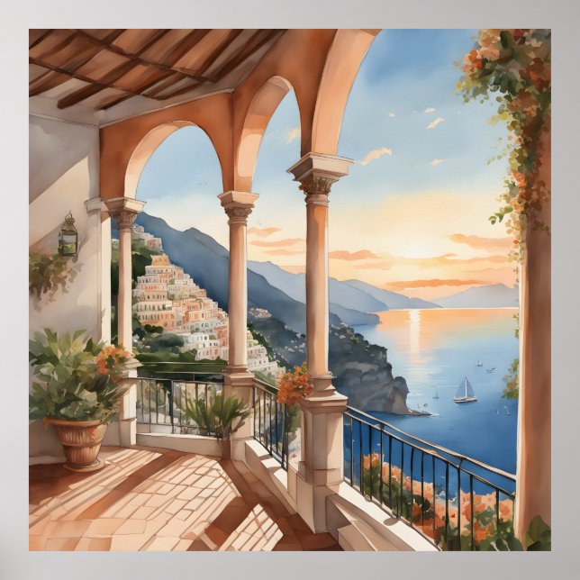 Positano Dream: Watercolor Sunset Vista Poster (Front)