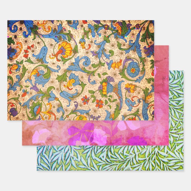 Positano flourish, Purple Lost Leaves, and Willow Wrapping Paper Sheet (Set)