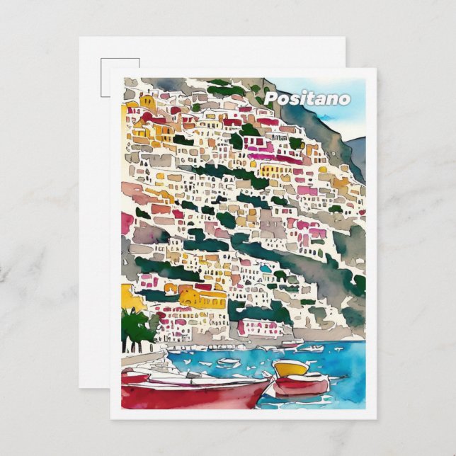 Positano Italy Art Vintage Illustration Travel Postcard (Front/Back)
