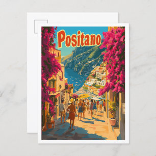 Positano Italy Art Vintage Travel Illustration Postcard